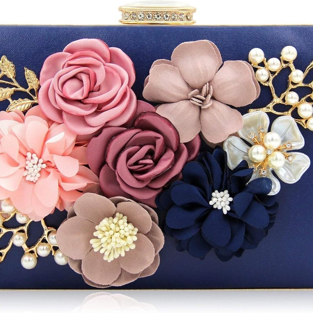 Women Evening Clutch Faux Leather Floral Pearl Wedding Party Purse
